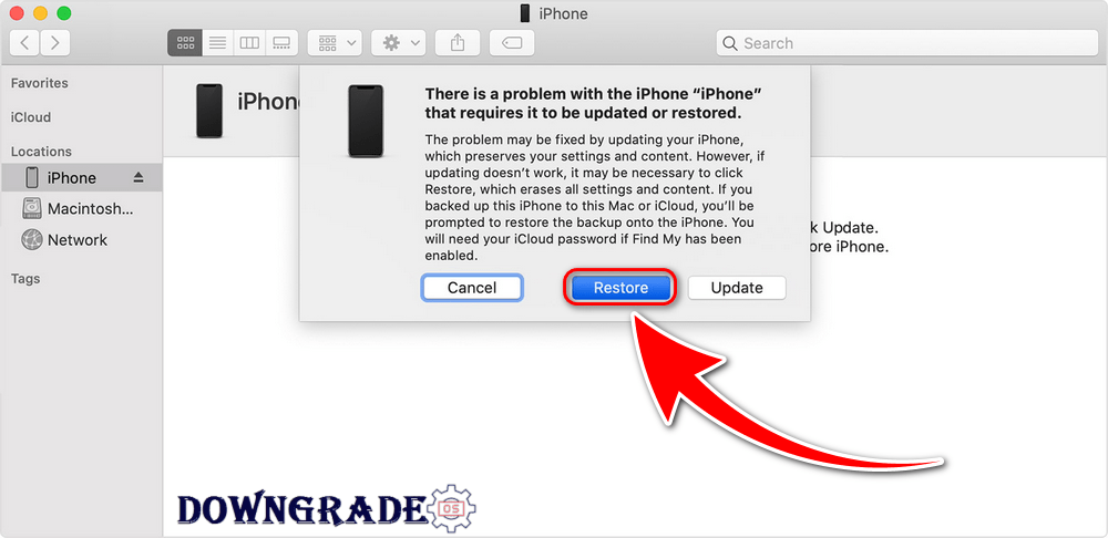 You will see a message in iTunes or Finder asking if you want to Restore or Update your device. Click Restore.